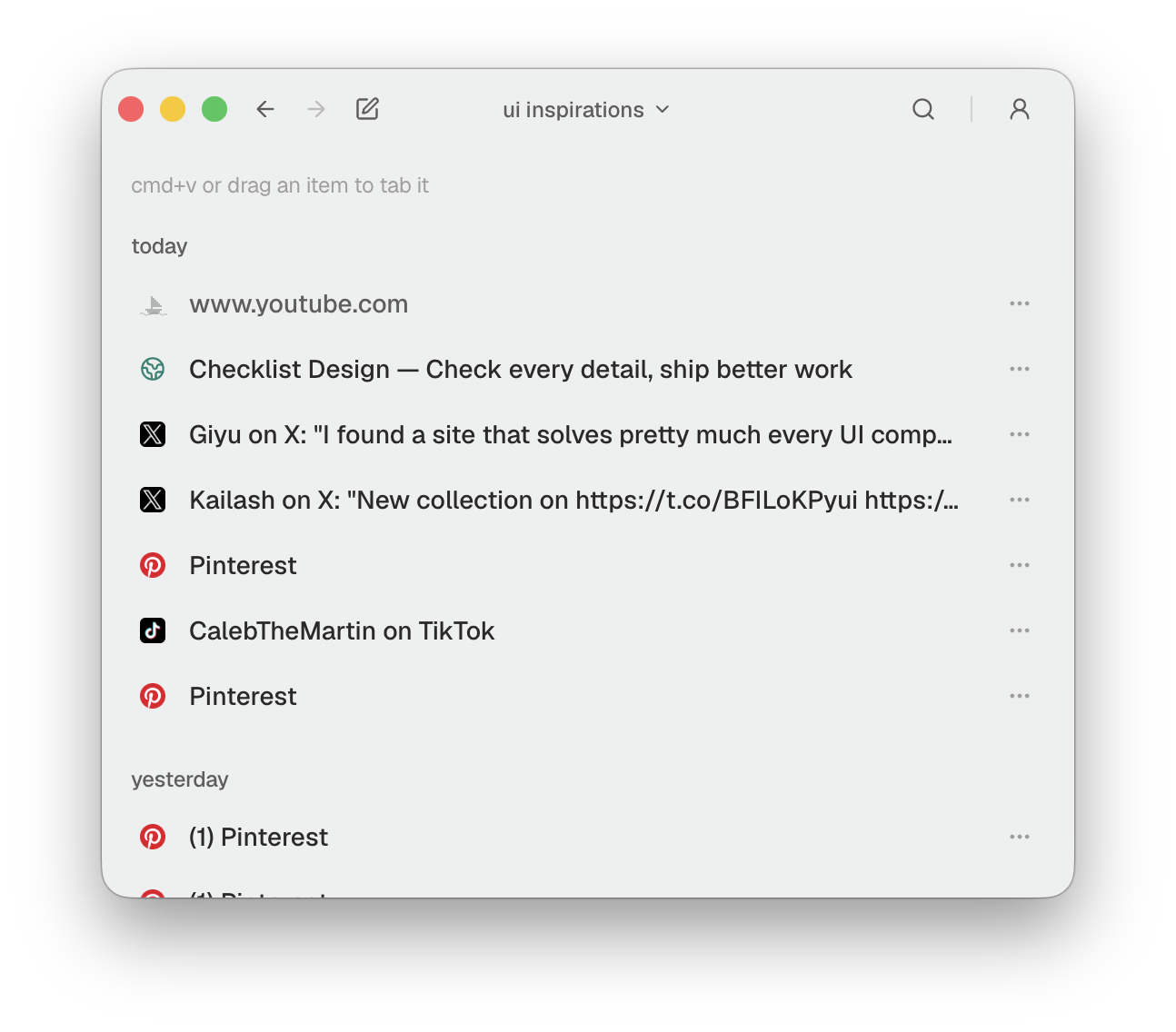 tabi showing saved interface references in the ui inspirations collection